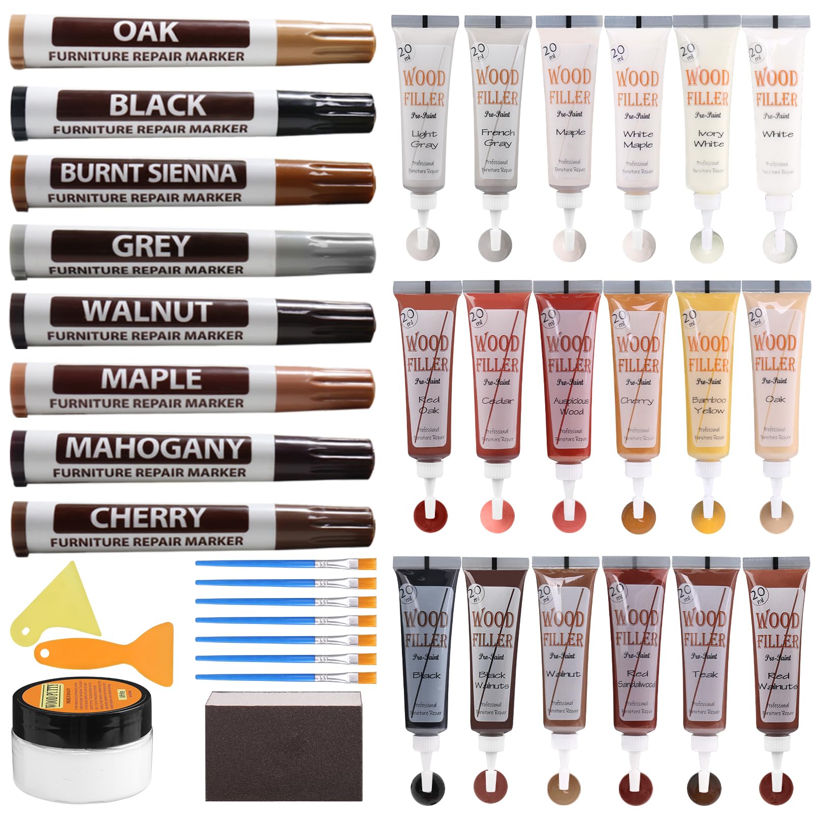 Kit Reparation Parquet, Mastic Bois Pâte Kit de Reparation Stratifie avec Marqueurs Réparation Meubles pour Retoucher Taches Frottement Décoloration Fissures Trous Rayures