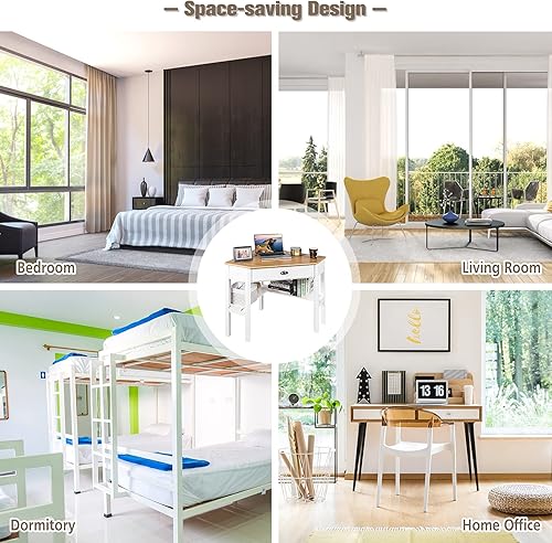 Miniatura 6 de GOFLAME Escritorio de esquina para computadora, estación de trabajo compacta de madera para oficina en casa con cajón y estantes, mesa de esquina