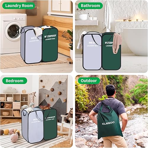 Miniatura 8 de Cesta de lavandería desplegable con bolsa de lavado impermeable y bolsa de malla extraíble, 2 compartimentos plegable, organizador de almacenamiento