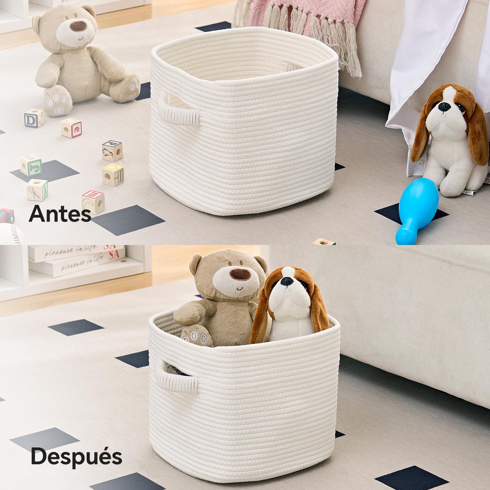 Mangata Juego de 3 cestas de almacenamiento de cuerda de algodón trenzado con asas, para estantería, baño, salón y habitación infantil, 28 x 28 x 25 cm, color blanco