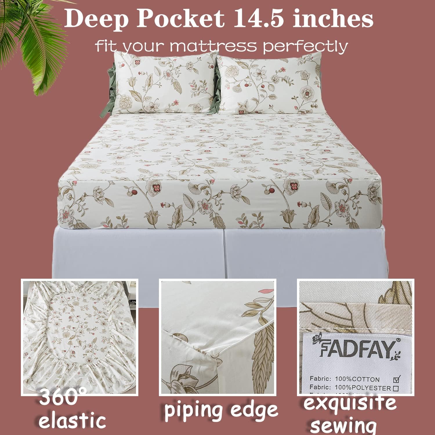 FADFAY Twin XL Floral Sheets for College Girls Premium Percale Cotton Flower Pattern Bed Sheet with Cute Bowknot Design Shabby Vintage Chic Bedding Dorm Room Soft Breathable Deep Pocket Fittes Sheet