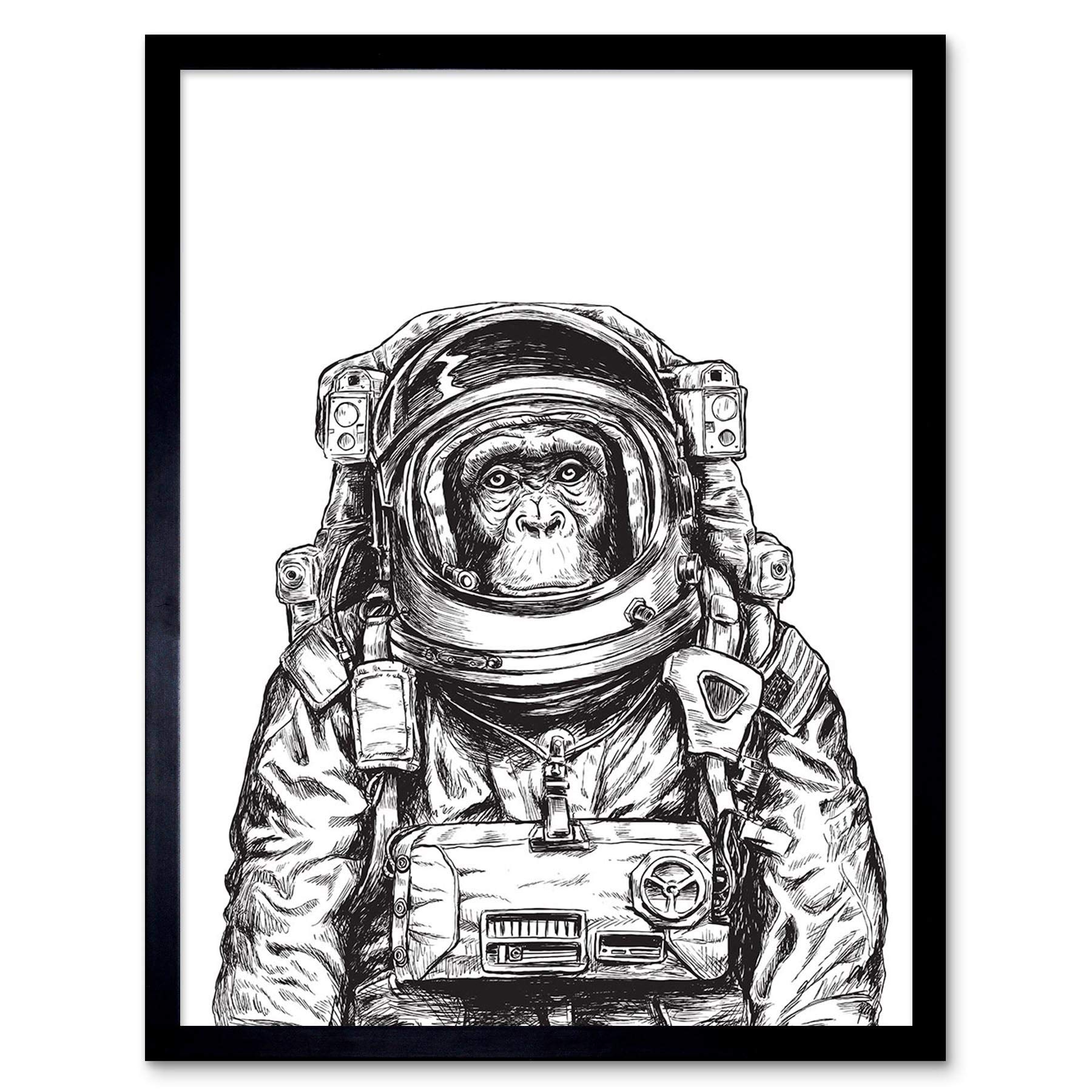 Wee Blue Coo Chimpanzee Astronaut Space Animal Art Print Framed Poster Wall Decor 12X16 Inch