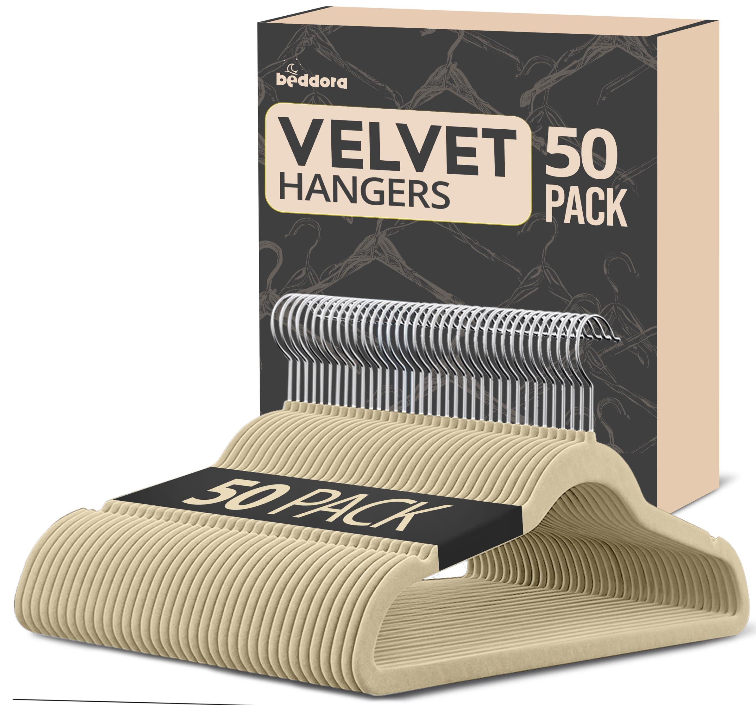 Samt-Kleiderbügel, rutschfest, schmal, platzsparend, Kleiderbügel, Kleiderbügel, strapazierfähig, 360° drehbarer Haken, Beige, 50 Stück