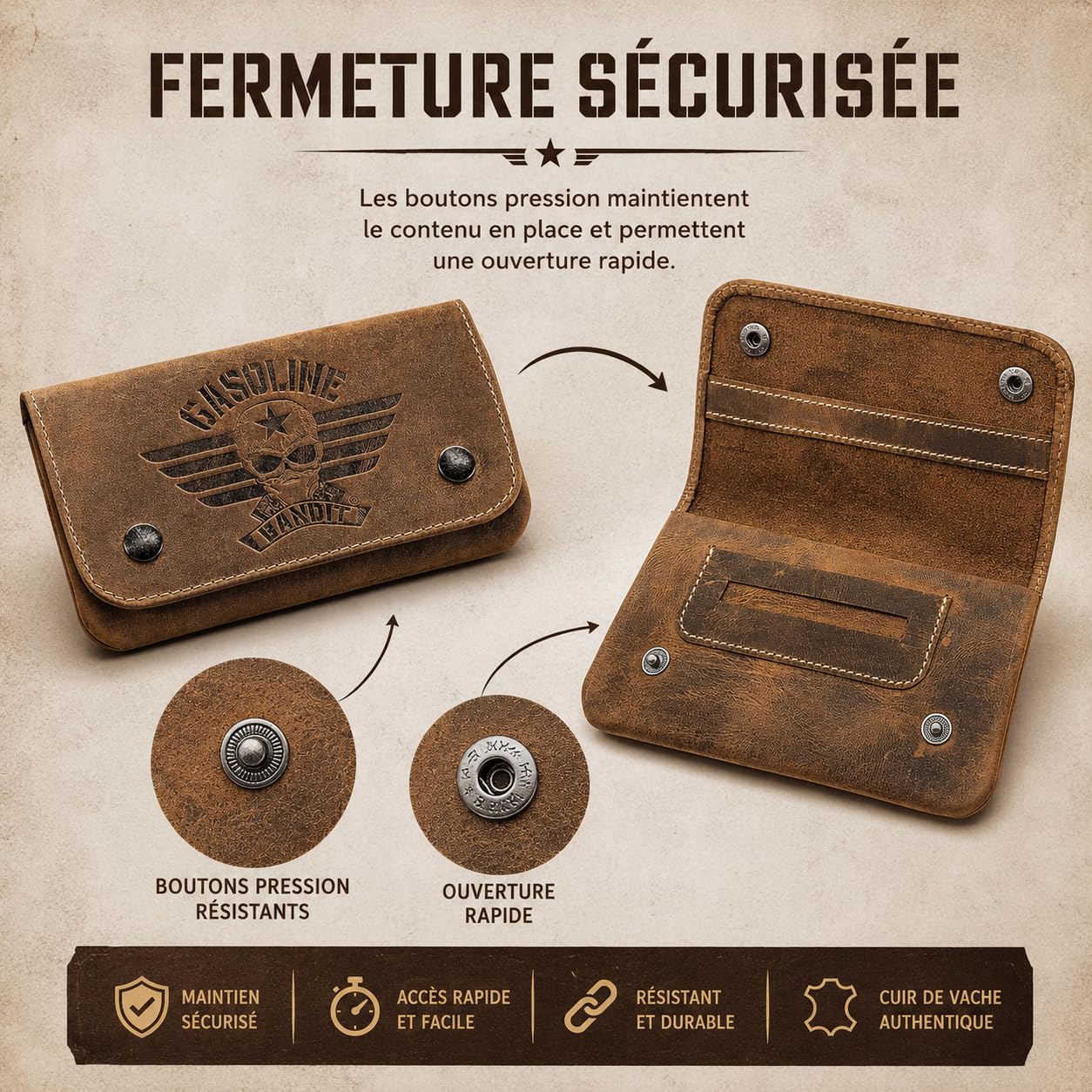 GASOLINE BANDIT Blague à Tabac en Cuir Véritable | Pochette Tabac Vintage en Cuir Bovin Ciré, Étui à Tabac Souple avec Distributeur de Papier, Look Usé, 9 x 15 cm