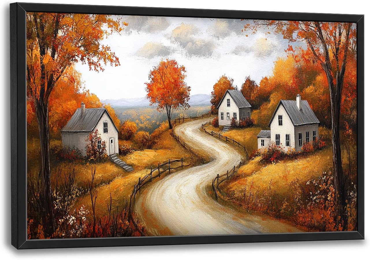 Fall Wall Art For Living Room Large Size Autumn Scenery Wall Decor Country Tree Cabin Rustic Village Canvas Prints Giant Pictures Painting Artwork Decoration Dining Room Bathroom Kitchen 36"x24"