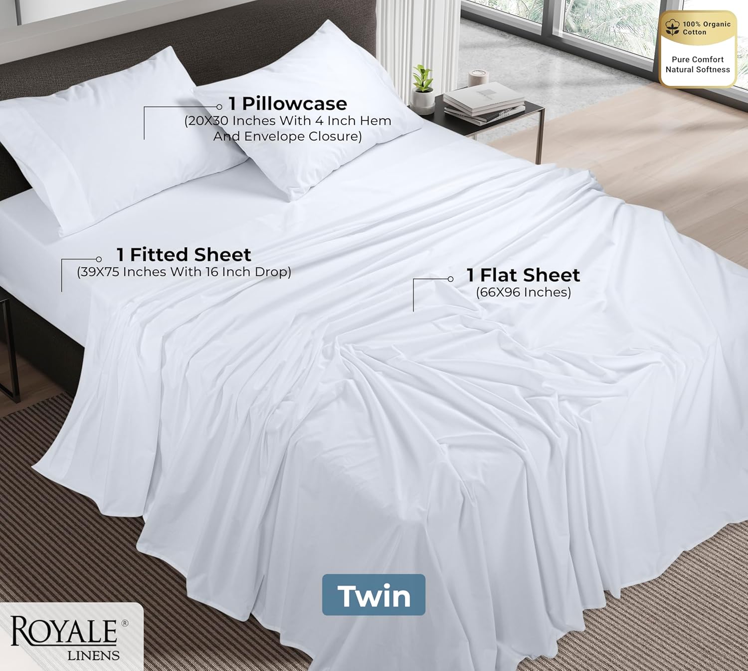 ROYALE LINENS 100% Organic Cotton Twin Sheet Set - Percale Weave - 3 Pieces Set - 1 Flat, 1 Deep Pocket Fitted Sheet and 1 Pillowcases - White Bed Sheets - Sábanas Twin - Crisp Cool (White)