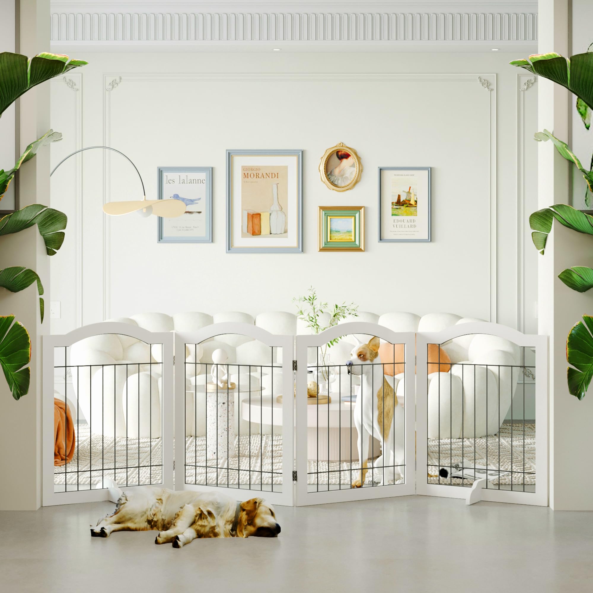 GHQ&ME No-Assembly 96" Extra Wide 30" Tall Freestanding Pet Gate, Wooden Folding Dog Gate for Doorways Stairs, Indoor Pet Puppy Fence with 2PCS Support Feet - White