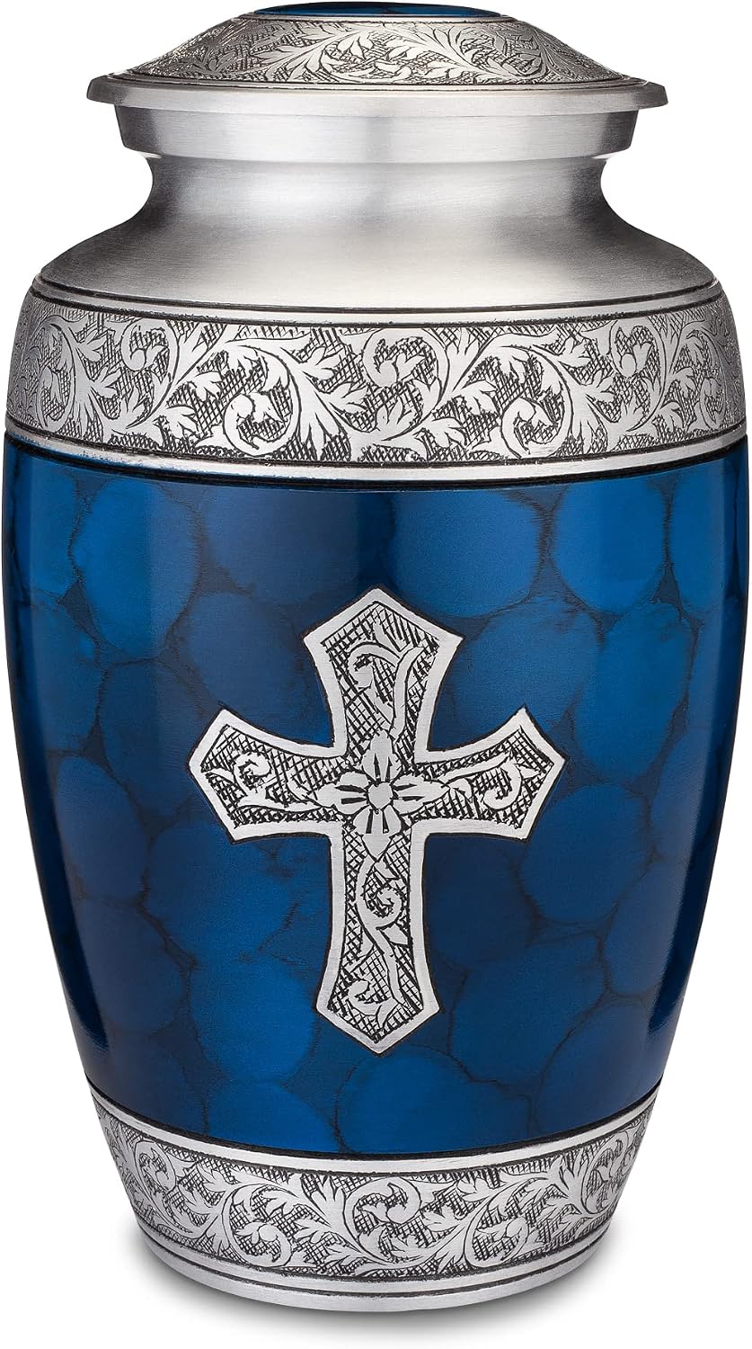 Cross Urn - Blue Sacred Cross Urn for Human Ashes Adult - Decorative 200LB Cremation Urn With Bag