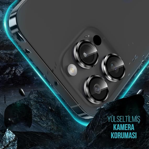 Babilden iPhone 15 Pro İle Uyumlu Kamera Lens Koruyucu Alüminyum Alaşım Çerçeveli Tempered Glass (Siyah)