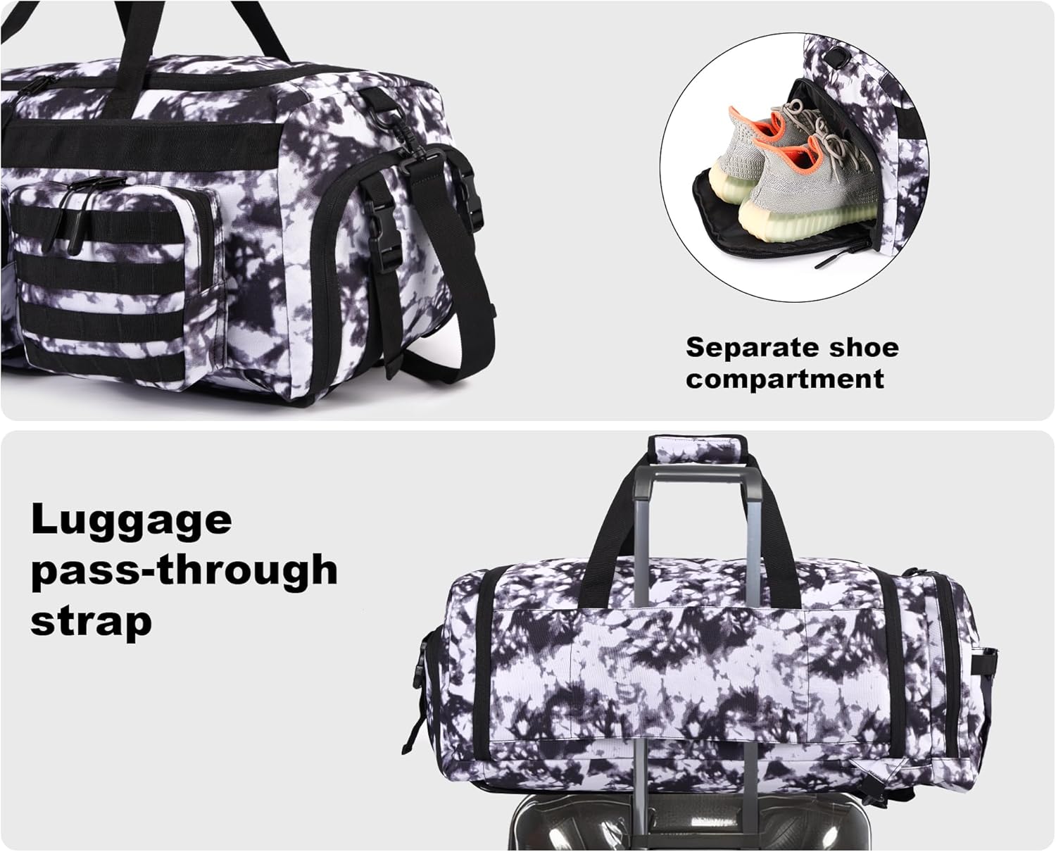 LHI 50L Tactical Duffle Bag for Men, 3-in-1 Gym Duffle and Backpack, Shoe Compartment, Laptop Sleeve and MOLLE, Carry-On Travel Weekender and Overnight Bag – Black and White - Image 6