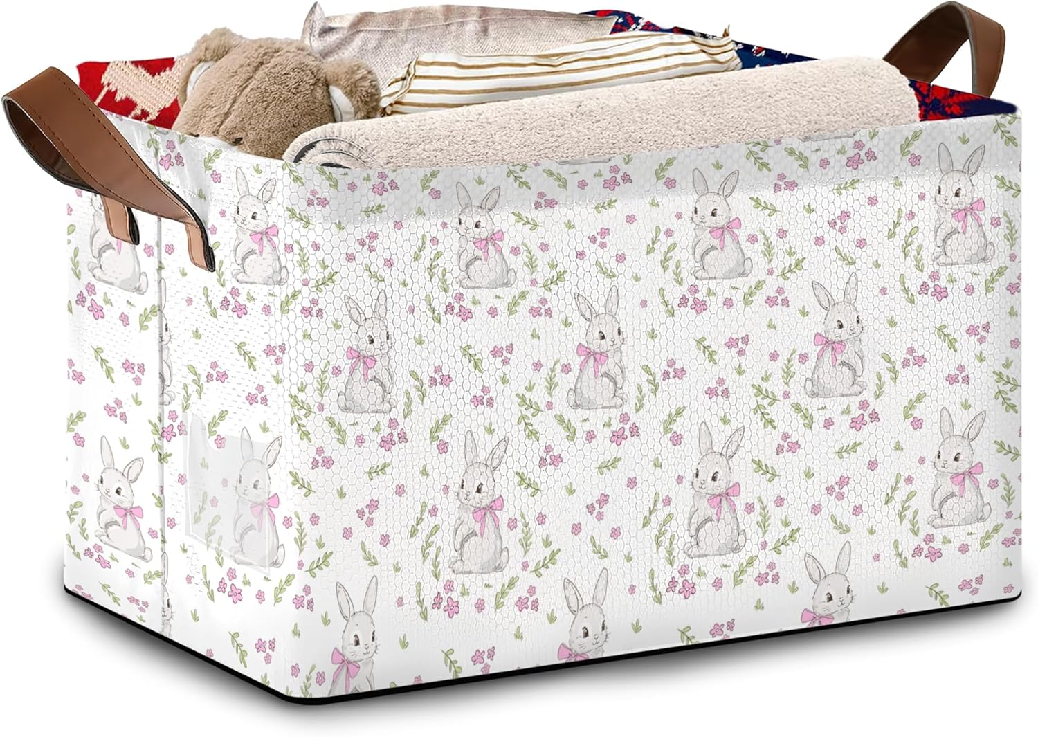 Spring Bunny & Floral Storage Basket Large 17x11.5x10.5 Inche-Collapsible Fabric Organizer Bin with Handles for Easter Decor, Garden Theme -Decorative Hamper with Rabbit and Flower Design-Single Pack