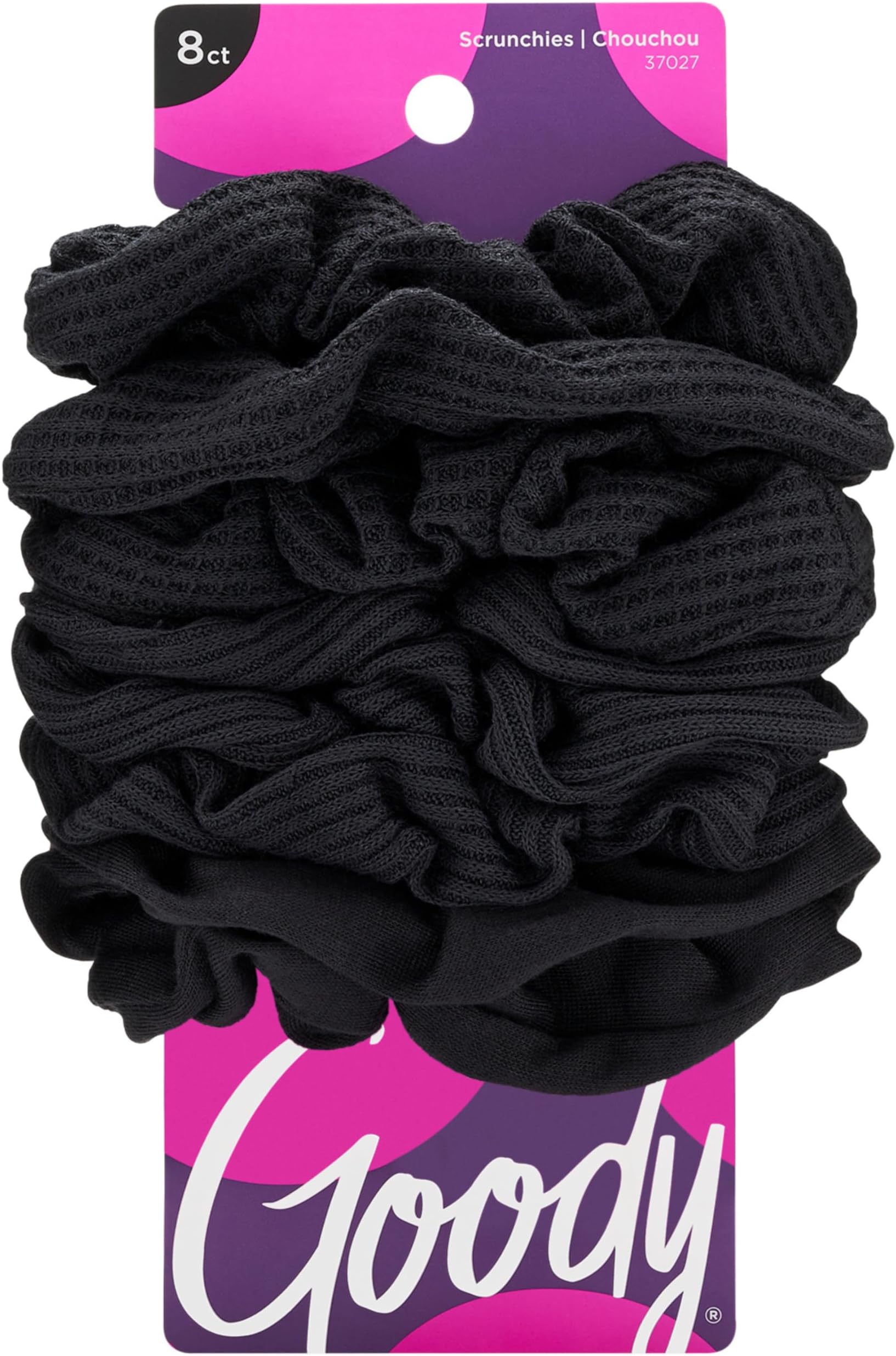 Ouchless Jersey Scrunchies 8 Count Black Fabric Hair Ties, Dentless Damage-Free Secure Hold, Soft Stretch Accessories for Women Men All Hair Types
