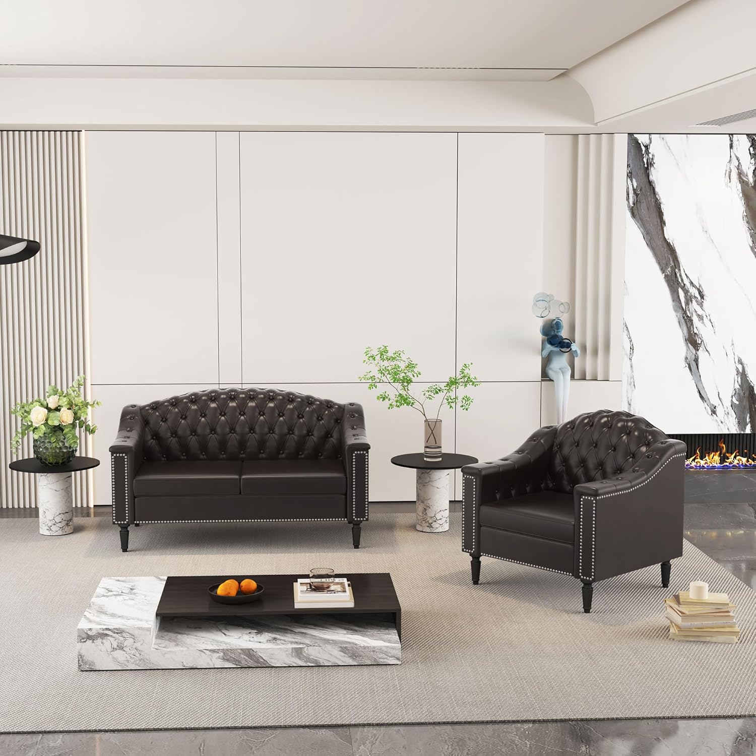 AVZEAR 2-Piece Living Room Sofa Set, Chesterfield Mid-Century Modern PU Sofa, Upholstered Couch with Nailhead Trim and Button Tufted for Living Room, Office, Bedroom (1+2 Seat Brown)