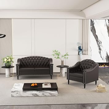 AVZEAR 2-Piece Living Room Sofa Set, Chesterfield Mid-Century Modern PU Sofa, Upholstered Couch with Nailhead Trim and Button Tufted for Living Room, Office, Bedroom 1+2 Seat Brown
