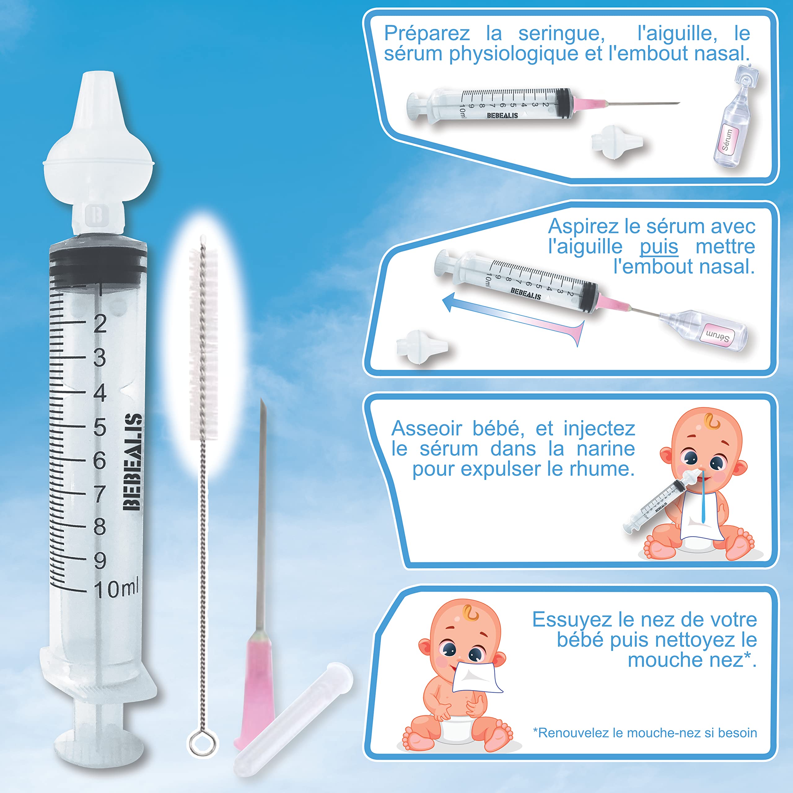 Mouche Bebe | Seringue Nasale Bébé [Normes NF] + Embouts Seringues Silicone + 1 Pointe Pipette Serum Physiologique | Trousse Soin Irrigateur Nez Enfant et Nourrisson (Pack x4 + 80 Coloriages)