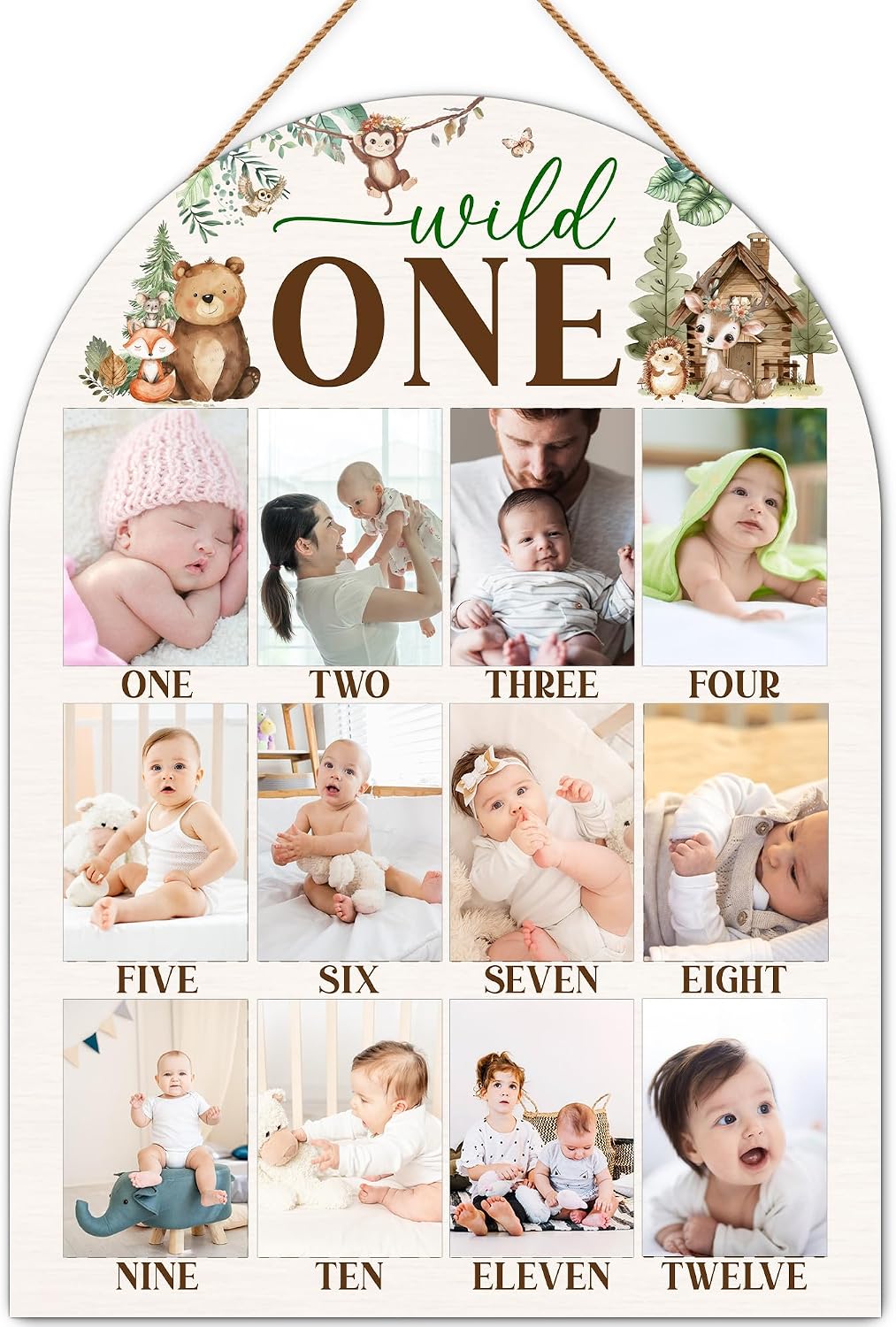 Woodland My First Year Photo Board, Wild One Birthday Decoration Photo Frame, 12 Monthly Baby Milestone Wooden Sign, Forest Nursery Decor for Boy Girl, Gender Neutral Baby Keepsake Gifts-A21