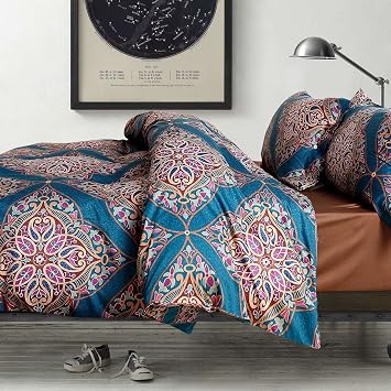 Eikei Damask Medallion Duvet Cover, Luxury Paisley Print Bedding Set, 400 Thread Count Egyptian Cotton Teal, Queen