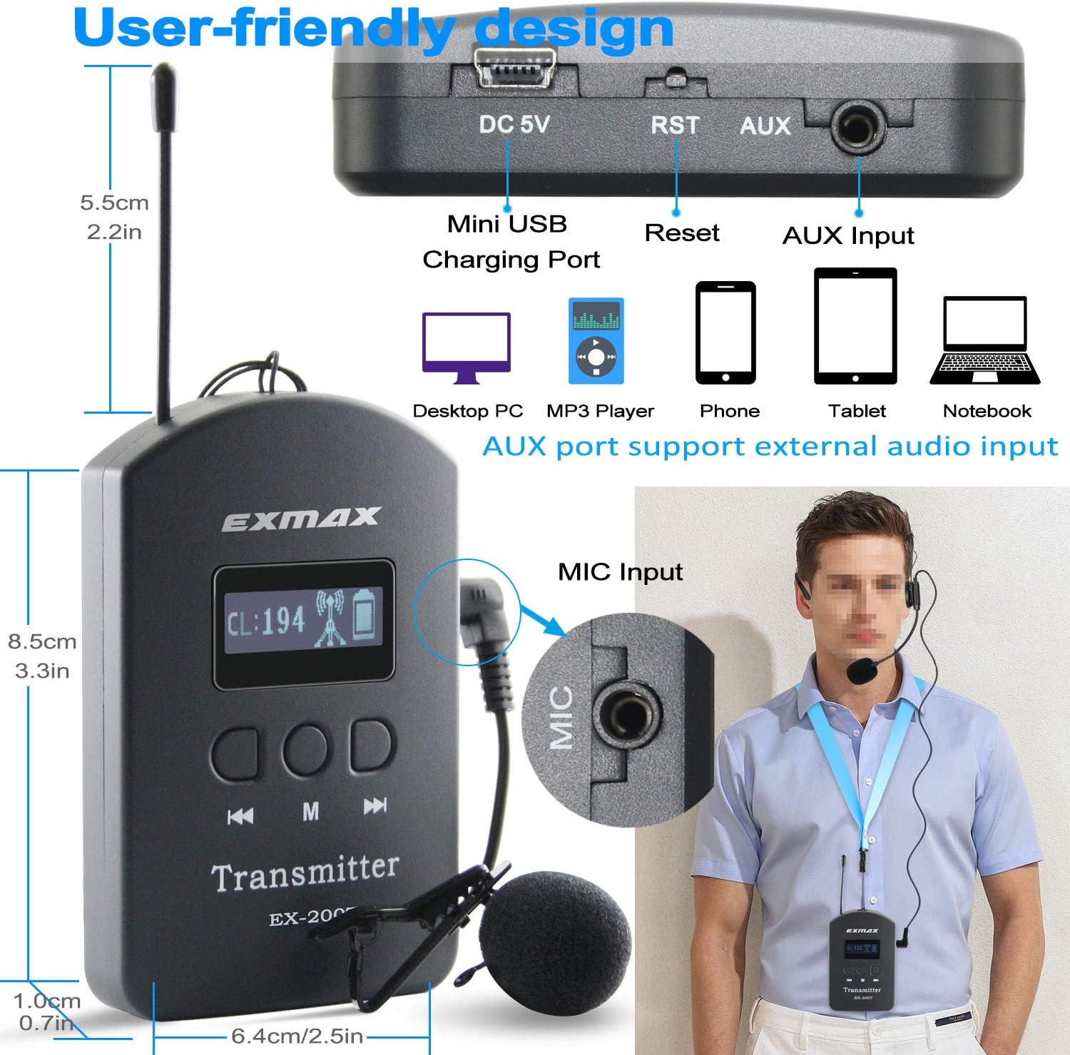 EXMAX EX-200T Transmitter with labeled ports and buttons.