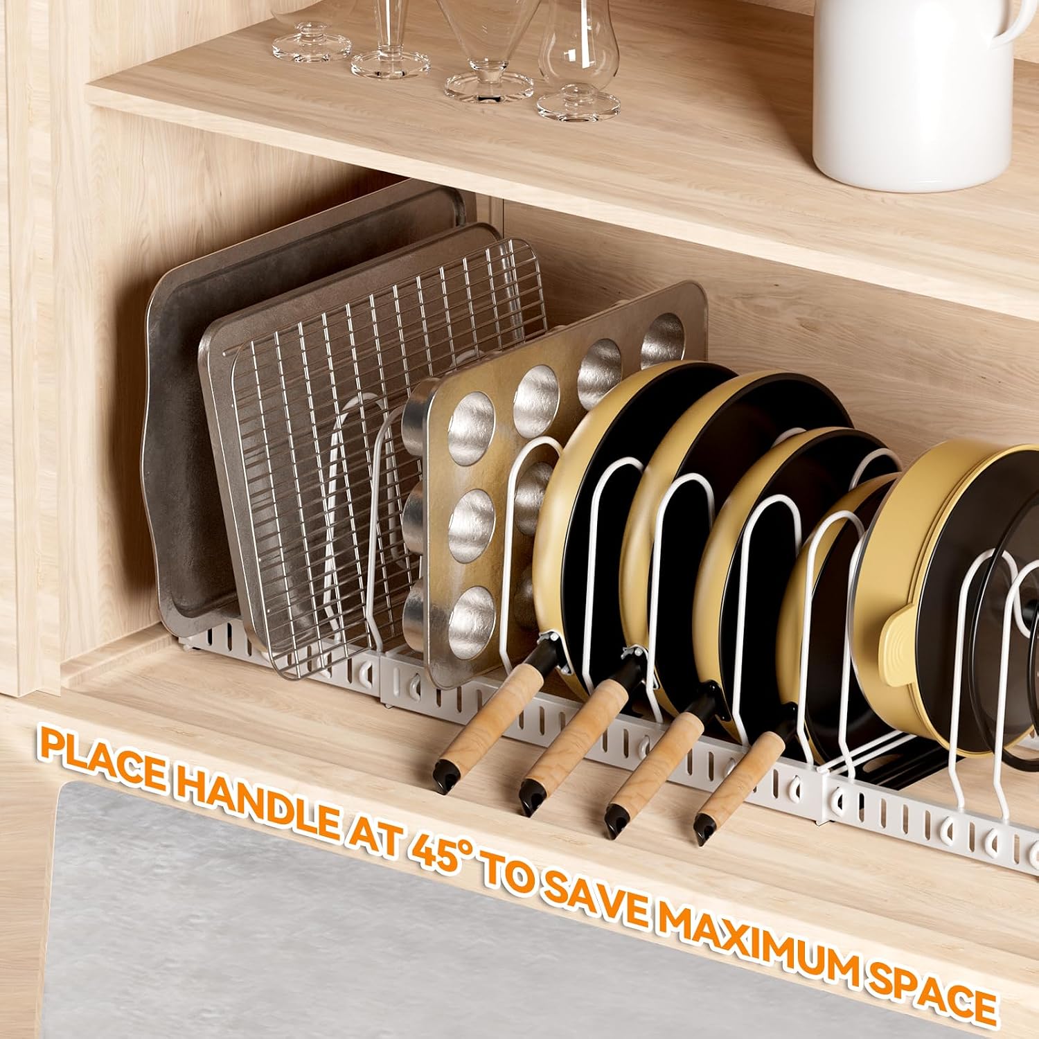 Pot and Pan Organizer Rack for Cabinet, 3 Expandable Pot Lid Organizer Holder with 12 Adjustable Compartment for Kitchen Cutting Board, Pan Lid, Bakeware, White