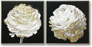 Ranunculus White Flower in Gold Black Framed Wall Art With Hand Painted Accents by Wynwood Studio, Set of 2, 20" x 20"