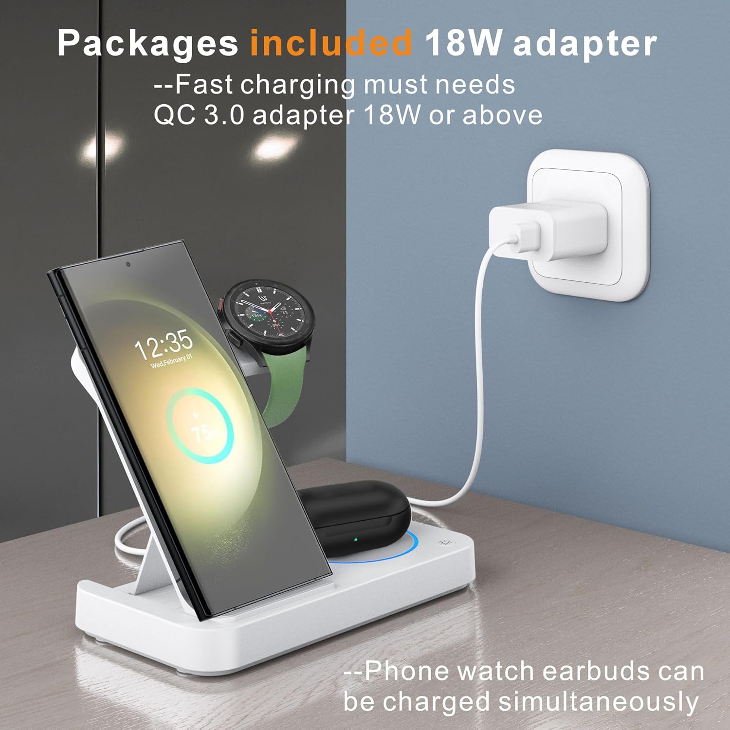 3 in 1 Charging Station for Samsung Android: Wireless Phone and Watch Charger for Galaxy S26 Ultra/S25 Ultra/S24/S23/Z Fold, Wireless Charger Stand for Galaxy Watch 9/8/7/6/5 Earbuds 4/3/Pro (Black)