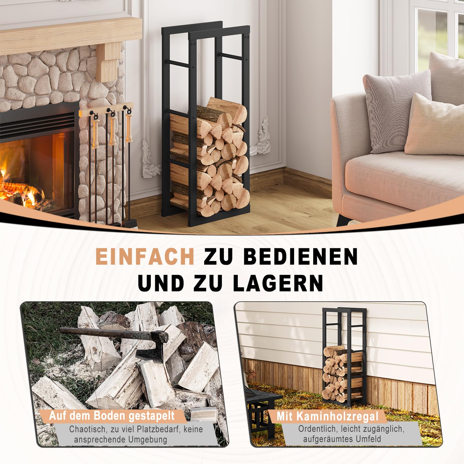 Laneetal Portalegna da Interno 40x25x100 cm Metalowy Stojak na Drewno Kominkowe Czarny