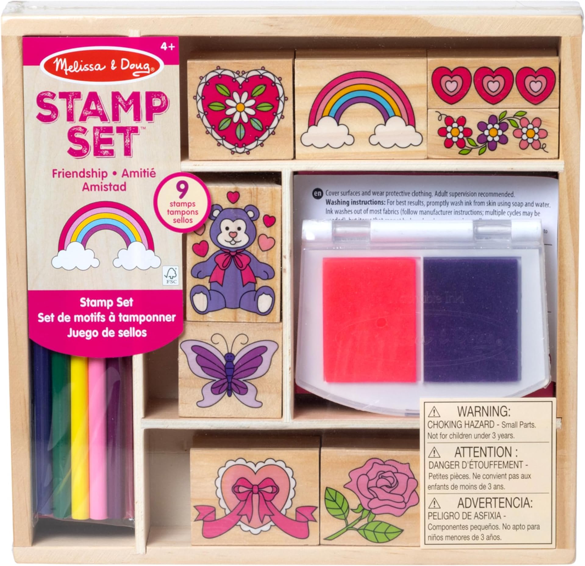Melissa & Doug Friendship Wooden Stamp Set with 9 Stamps and 2-Color Inkpad - Kids Crafts and Art Supplies for Kids, Arts & Crafts for Ages 4+ - FSC Certified