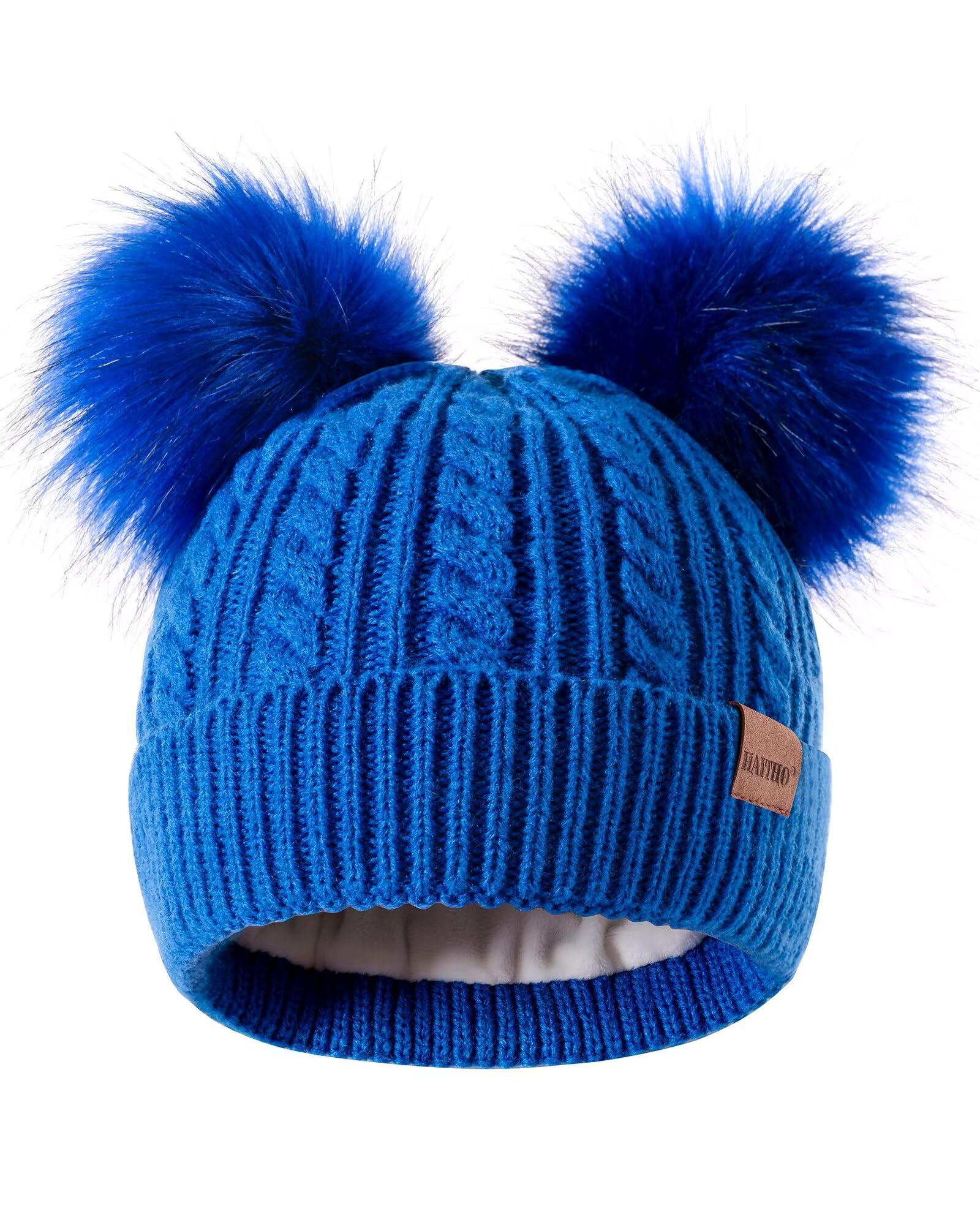 HAITHO Winter Hat for Kids Toddler Children, Girls Beanie with Double Pom Pom Warm Fleece Lined, Girls Accessories Knit Cap