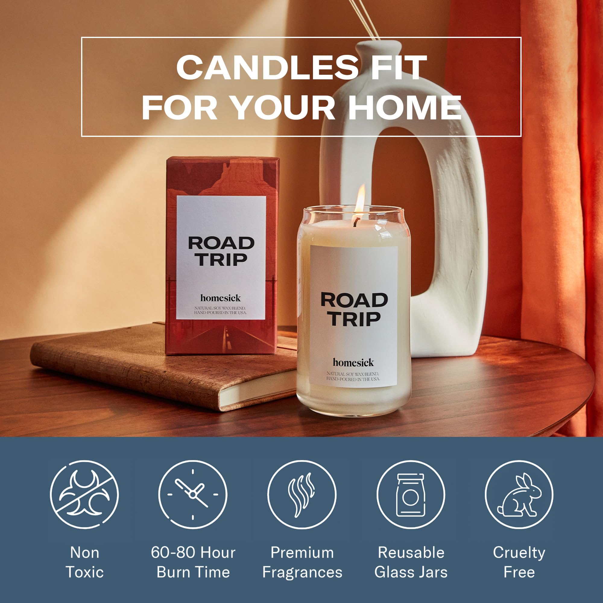 Homesick Premium Duftkerze, Road Trip – Düfte von Limette, Leder, Marine, 390 g, 60–80 Stunden Brenndauer, natürliche Soja-Mischung, Heimdekoration, entspannende Aromatherapie-Kerze