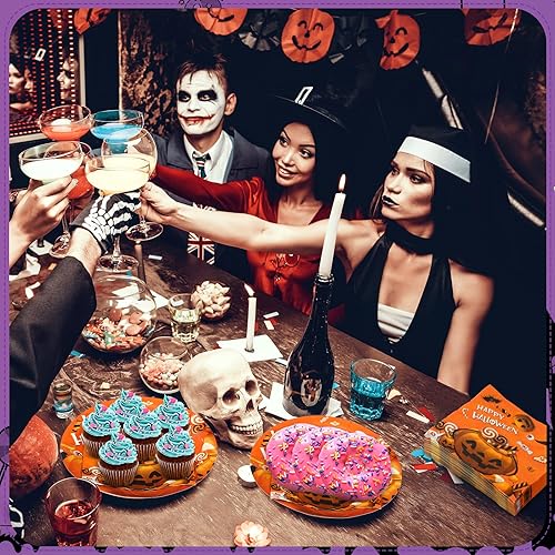 Miniatura 6 de 100 piezas de suministros para fiesta de Halloween, platos desechables, servilletas, cena, almuerzo, postre para decoración de fiesta de cumpleaños,