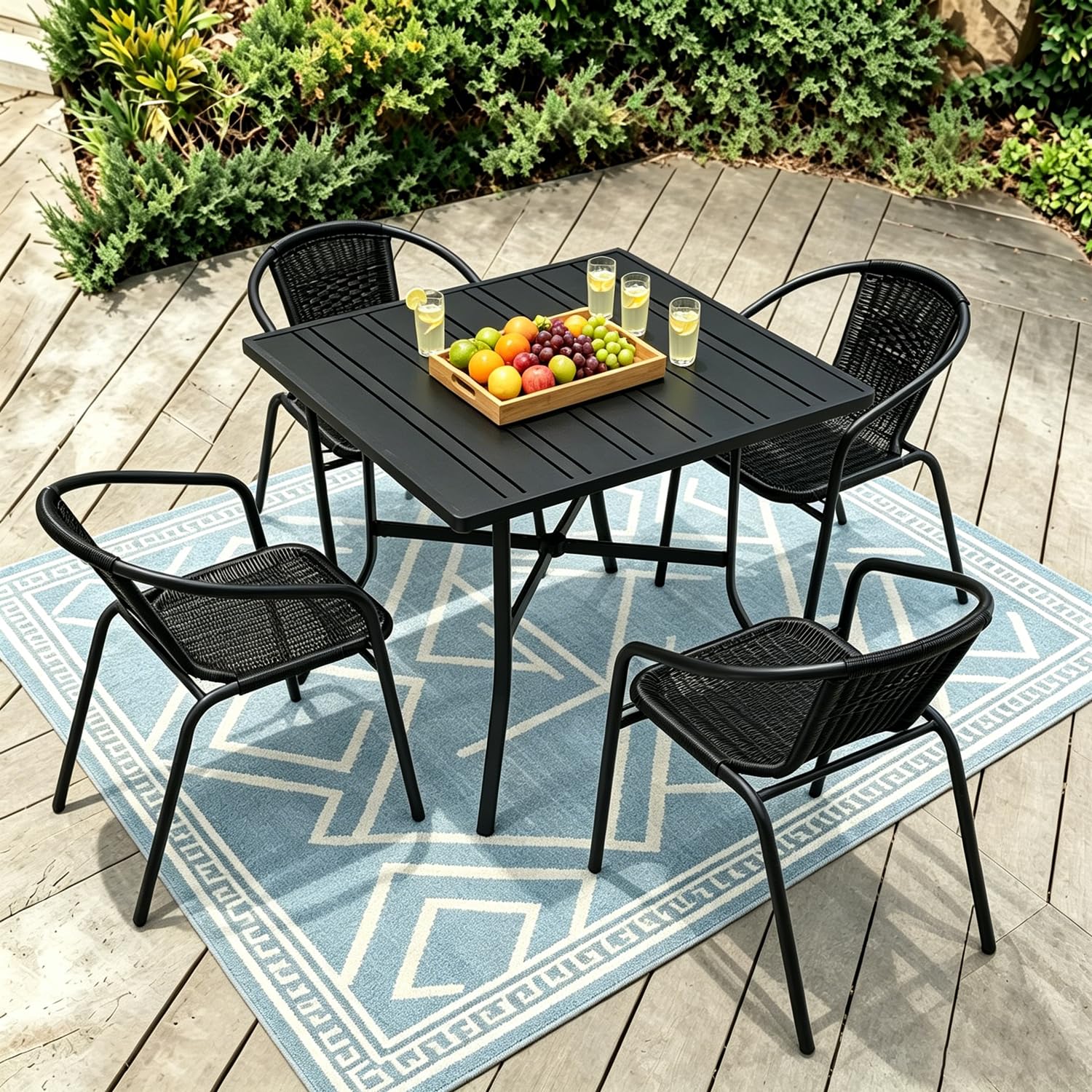 5 Piece Patio Dining Set with Black Outdoor Metal Table &amp; 4 Hand-Woven PE Rattan Stackable Chairs for Backyard Garden Poolside, Black Chairs