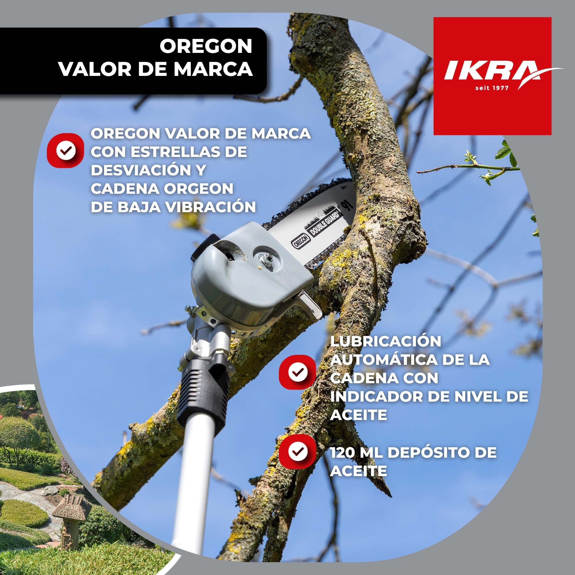 IKRA Herramienta multifunción IKRA IBKH 52-1 Gasolina 4en1, 51,7cm³, 1,5kW | 4 herramientas en una: desbrozadora, cortabordes, cortasetos y podadora, motor de 2 tiempos y sistema de arranque fácil