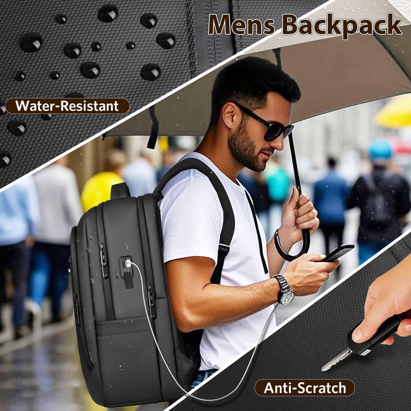 hk Sac à Dos Ordinateur Portable 15,6" Homme Imperméable avec Port USB | Grande capacité compartiment PC rembourré idéal pour travail université voyage déplacements quotidiens noir