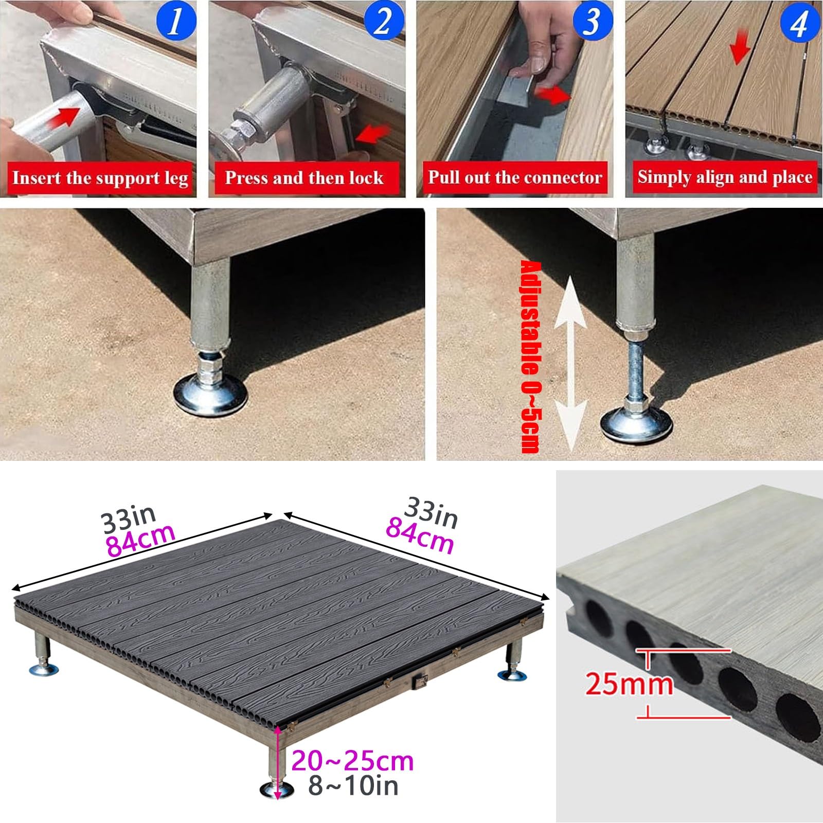 Plataforma Elevada For Exteriores Antideslizante, Baldosas For Terrazas Elevadas For Exteriores con Marco De Metal, Enclavamiento, For Patio, Patio, Camping(Gray)