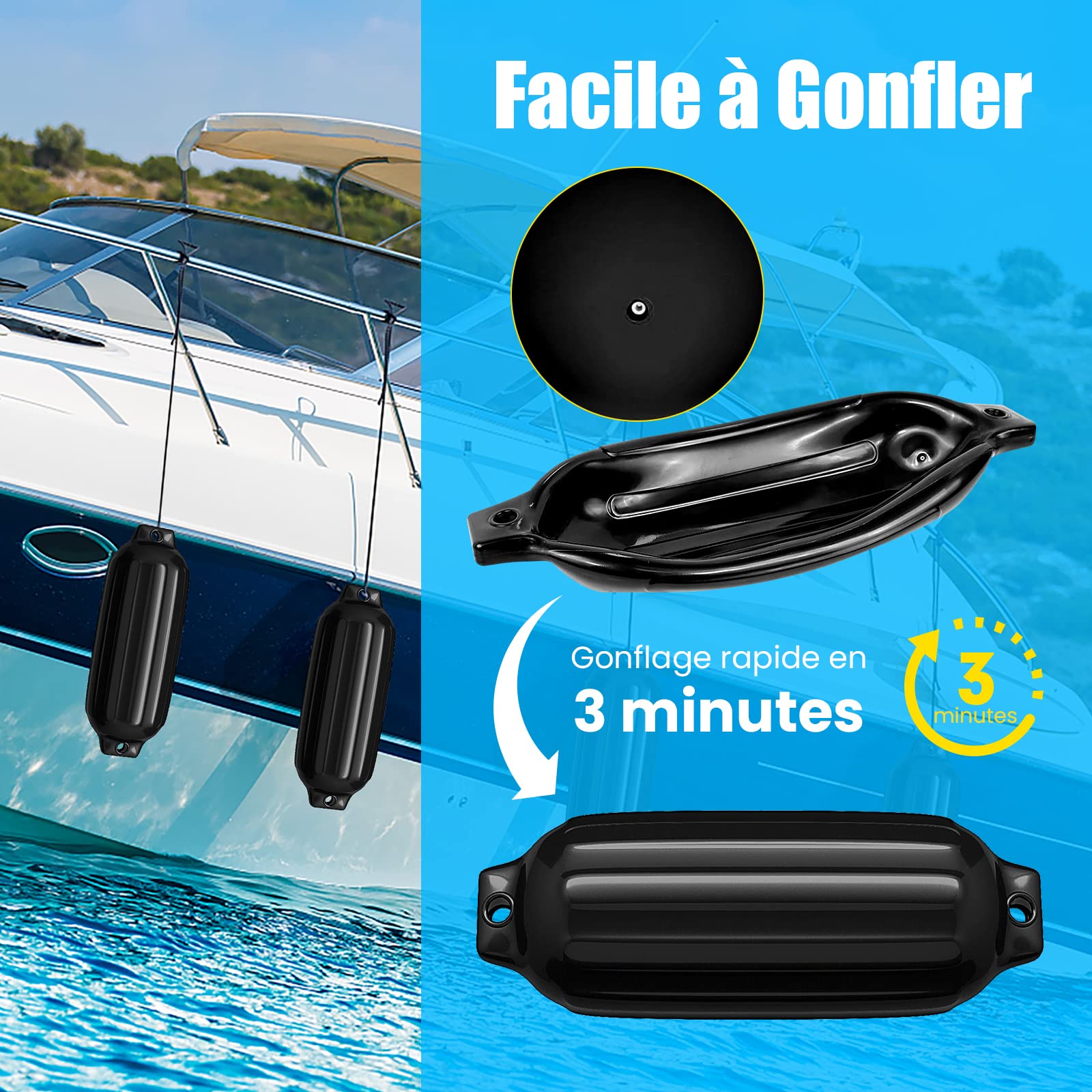 COSTWAY Set de 4 Pare-Battage Gonflables en PVC à Deux Œillets Nervurés pour Ponton, Voilier, Hors-Bord, Protections Gonflables pour Bateaux