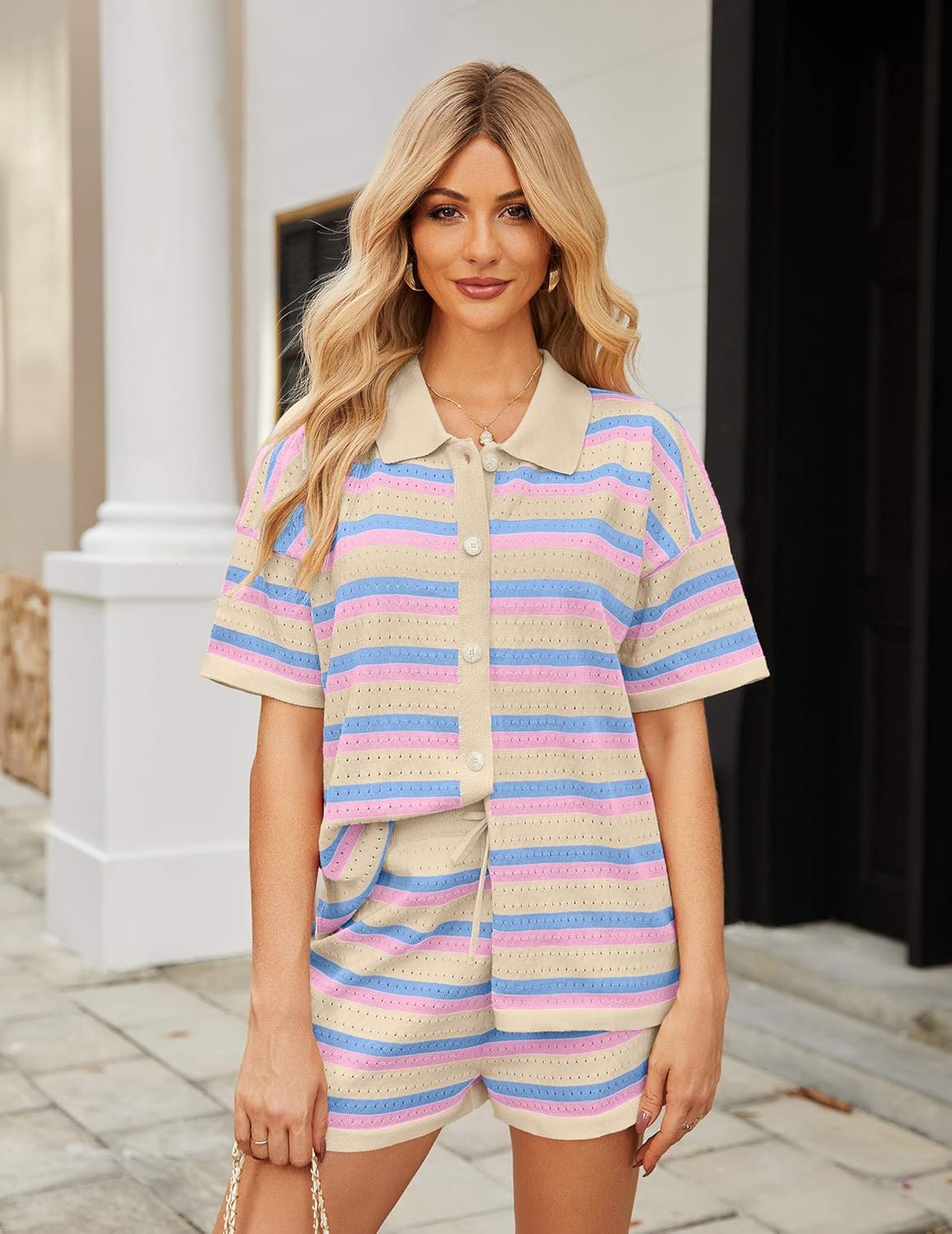 Ekouaer Lounge Sets for Women Crochet Striped 2 Piece Short Sets Short Sleeve Outfits Matching Sets Clothing Loungewear - Image 4