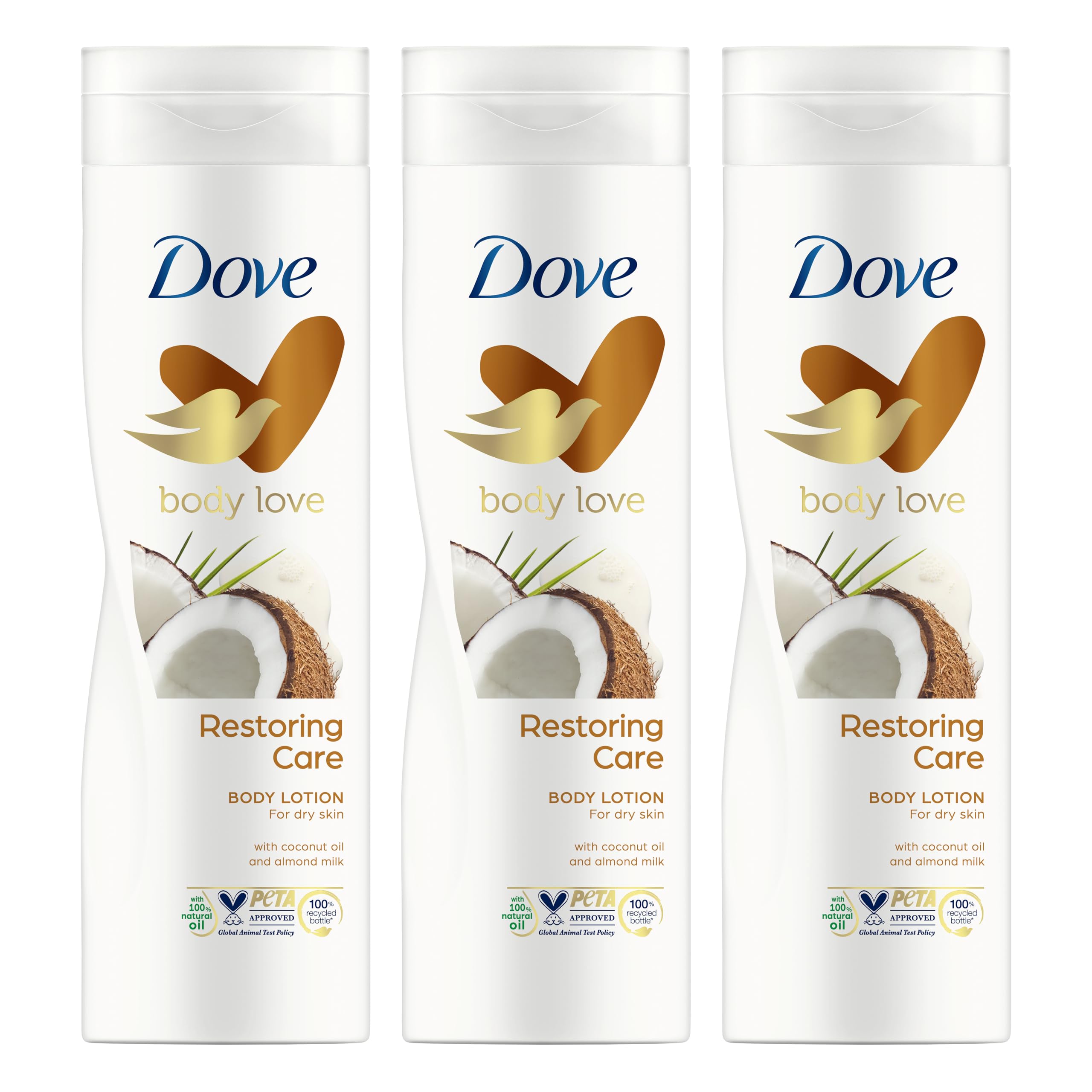Dove Body Love Lozione Corpo Idratante Restoring Care, Per Pelle Secca, Pelle Morbida e Nutrita, Idratazione Intensa, Con Olio di Cocco e Latte di Mandorla, 3x 400 ml