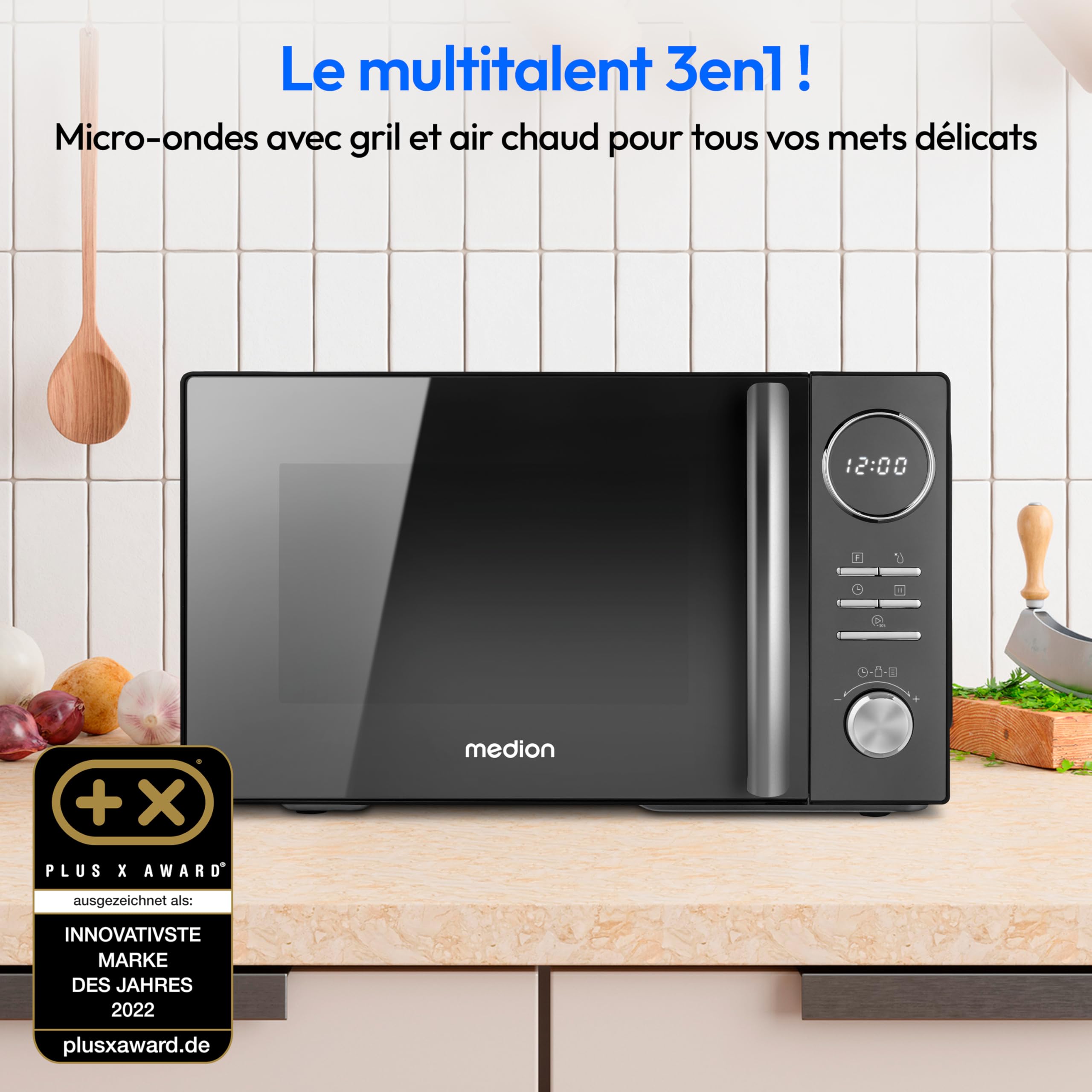 MEDION Micro-onde 3en1 avec gril et air chaud combiné (23L, 900W, 1000 W gril, 1680 W air chaud, 10 programmes automatiques, 5 niveaux de puissance, mode décongeler, design miroir, MD11493) noir