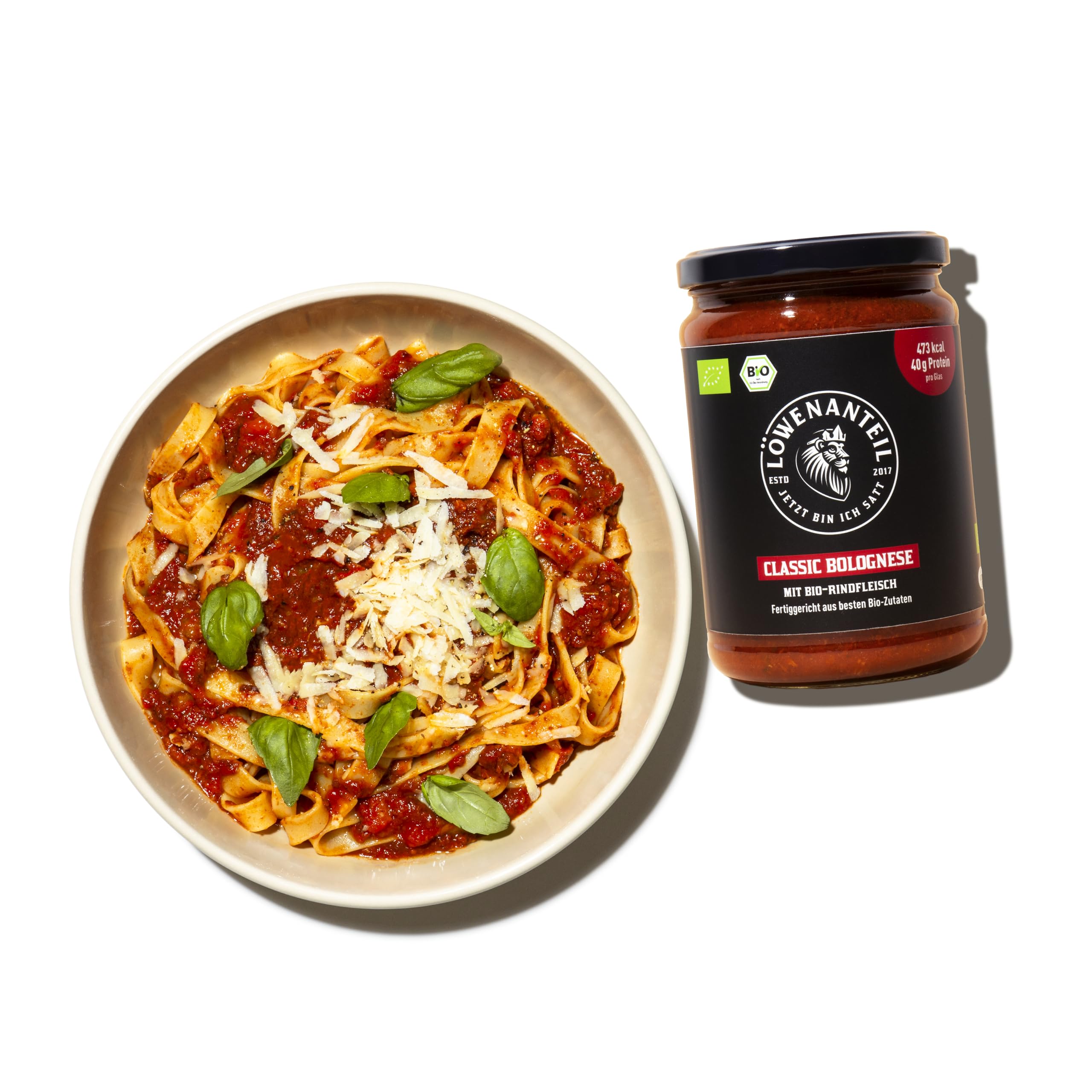 Löwenanteil - 100% Bio-Eintopf CLASSIC BOLOGNESE - 570g Glas - Proteinreiches Bio-Fertiggericht mit saftigem Bio-Rindfleisch, Tomaten & Basilikum - Ohne Zuckerzusatz & Glutenfrei