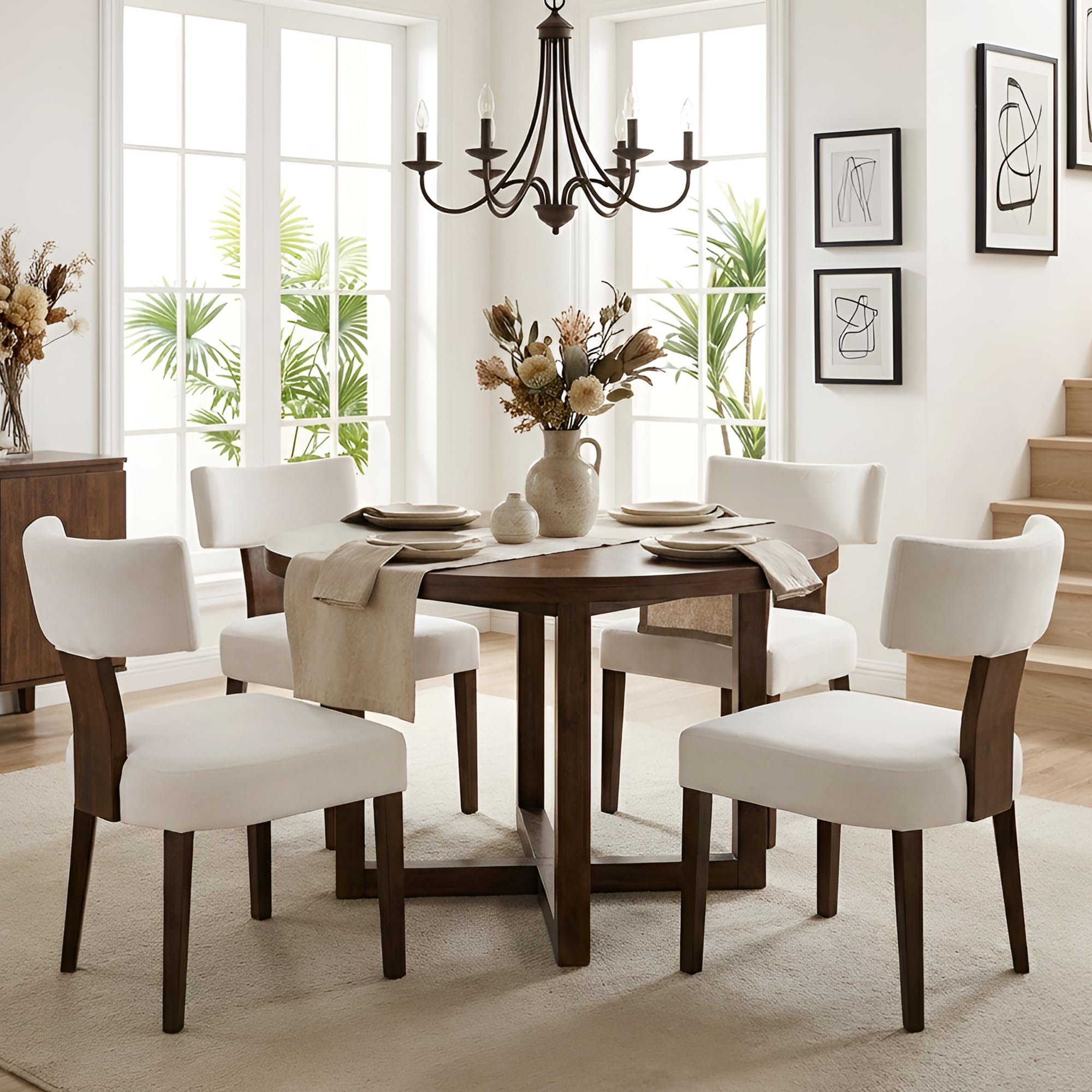 HNY Set of 4 Mid Century Modern Dining Chairs, Farmhouse Velvet Upholstered Accent Chair Curved Backrest Kitchen Chairs, with Hardwood Frame, Cream,