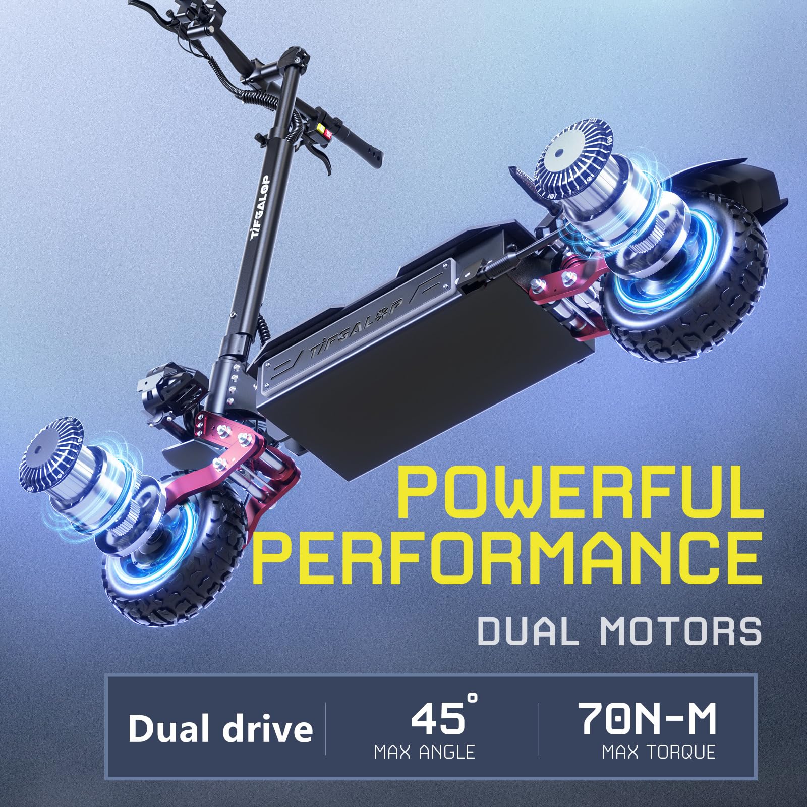La trottinette électrique CL8 est équipée de deux moteurs, d'une batterie 60 V 33 Ah, de deux amortisseurs, de pneus tout-terrain de 11 pouces et est pliable. Son autonomie est de 80 à 100 kilomètres.