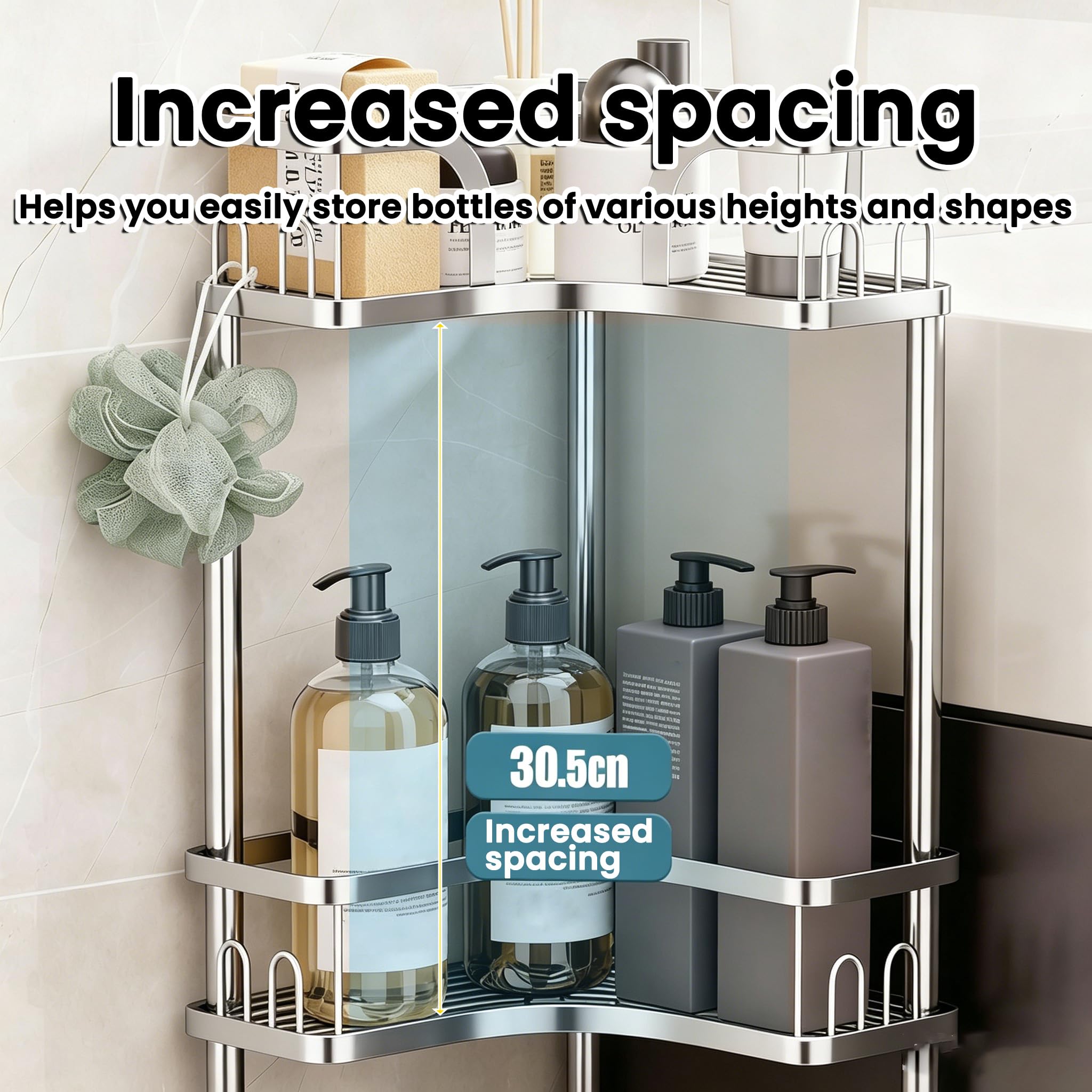Mensola Doccia Angolare Senza Forare, Porta Sapone Per Doccia Da Terra | Porta Bagnoschiuma Da Doccia Con Ganci Piedini Regolabili, Grande Capacità Scaffale Bagno Per Bagno Cucina, Argento