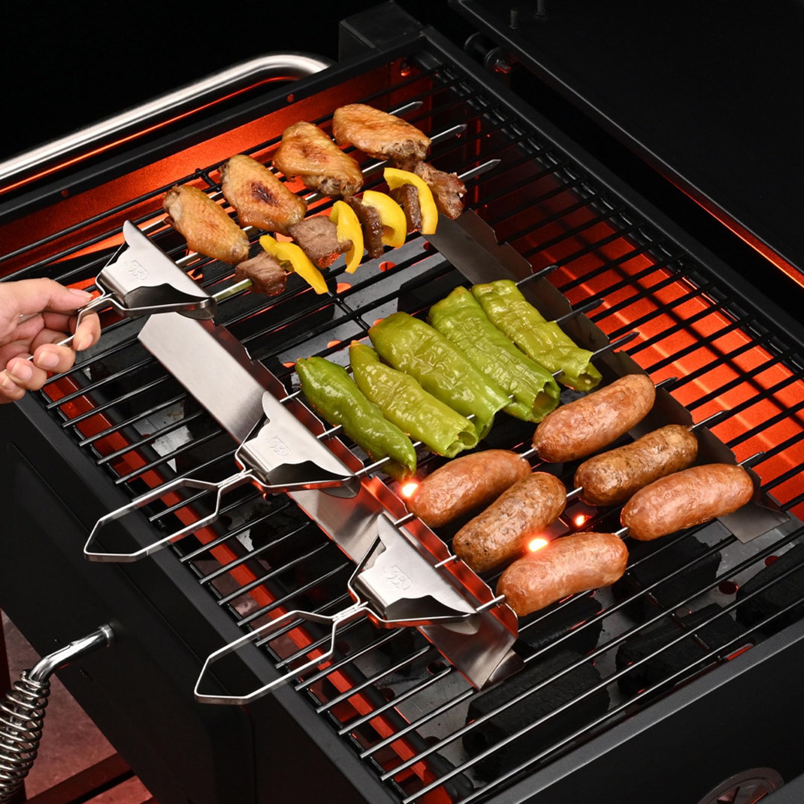 Spiedini in acciaio inossidabile a 3 punte per barbecue con design a maniglia spinta, eccellenti per spiedini carne, verdure e frutti mare resistenti