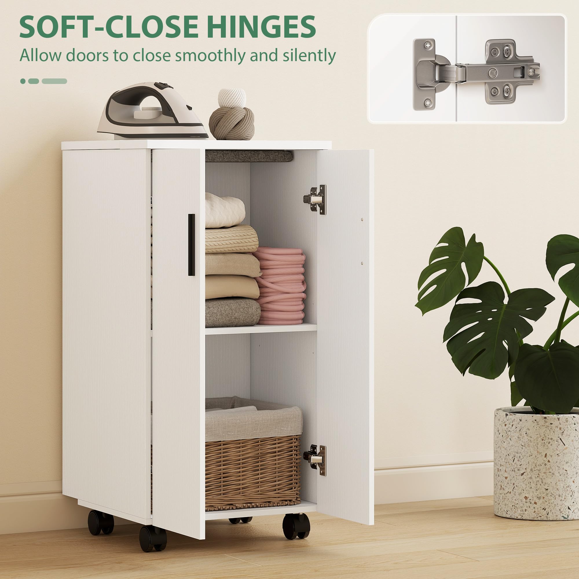 HOMCOM Meuble à Repasser 2 en 1, Table à Repasser Pliante sur roulettes avec étagère réglable et charnières à Fermeture Douce, Meuble Rangement pour Petits espaces, buanderie, 128 x 43 x 83 cm, Blanc