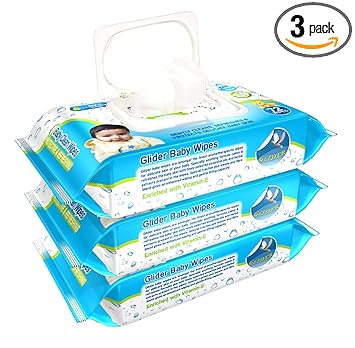 Glider Baby Wipes - with Moisture Lock Flip-Top, Contains Aloe Vera & Vitmain E, pH balanced with No Parabens & Chlorine (Pack of 3 (216 Wipes))