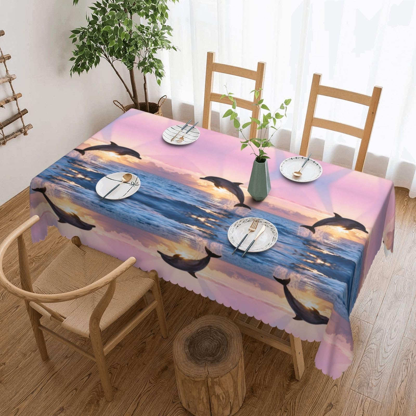 CNTDBU Dolphin Sunrise Jump Scalloped Edge Tablecloth 54x72-Waterproof Stain Resistant Wrinkle Free Cover, Square Table Cloth for Dining Party
