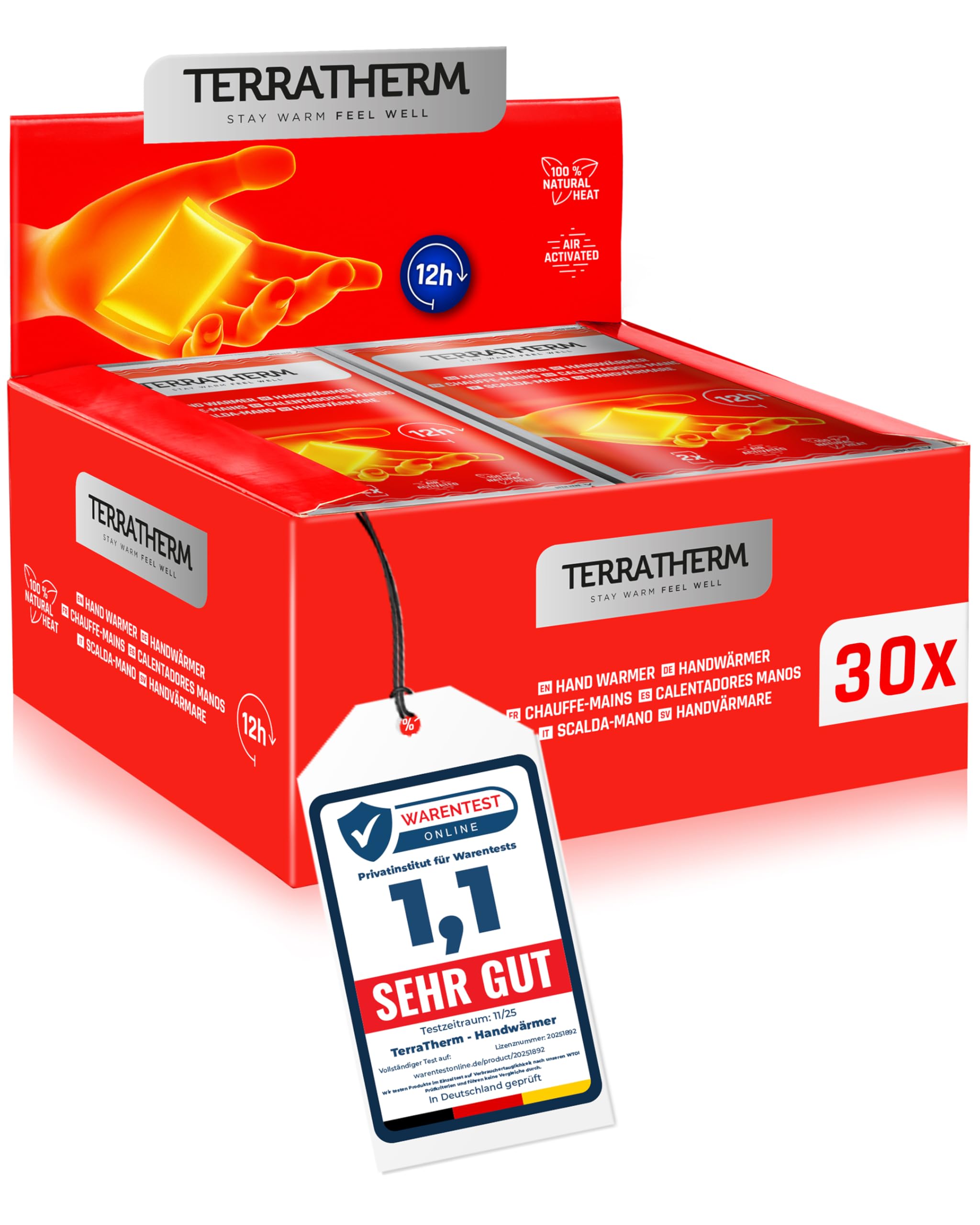 TerraTherm Handwärmer - luftaktiviert - 12h warme Hände - 5, 10 oder 30 Paar - Wärmepads Hand - 100% natürliche Wärme