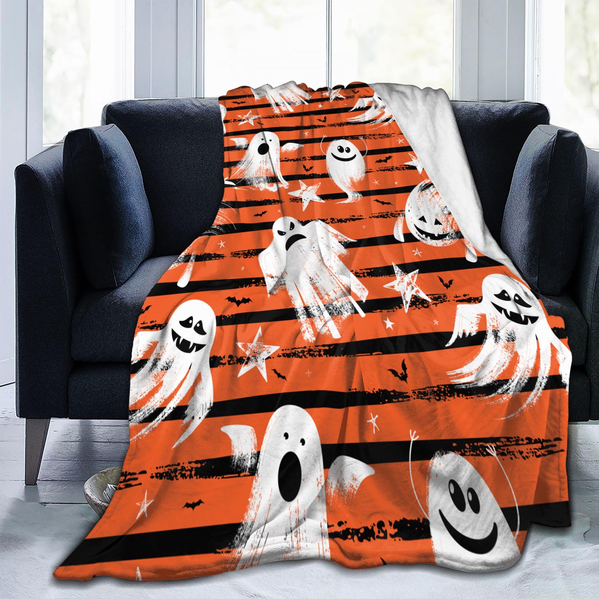 halloween throw blanket soft cute white ghost bat on orange flannel fleece for sofa bed couch chair dorm 60x80 inch