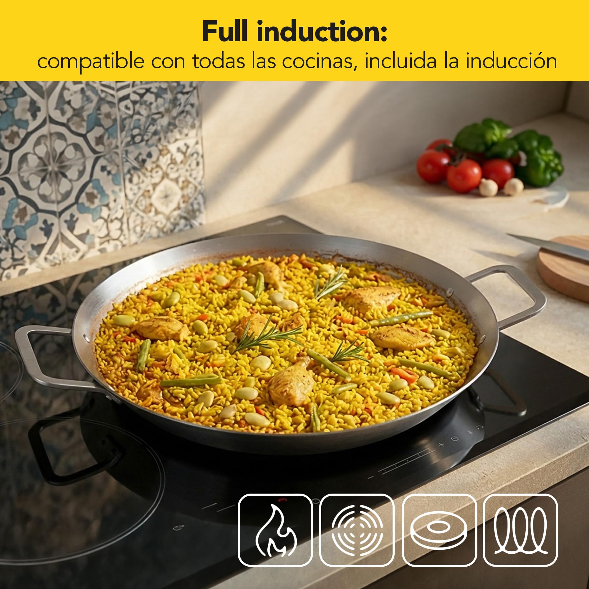 Castey - Paellera Inox Malmö, M-V40, Color plata, 40 cm, Acero inoxidable, Trimetal induction, libre de PFAS, Apta para todas las cocinas.