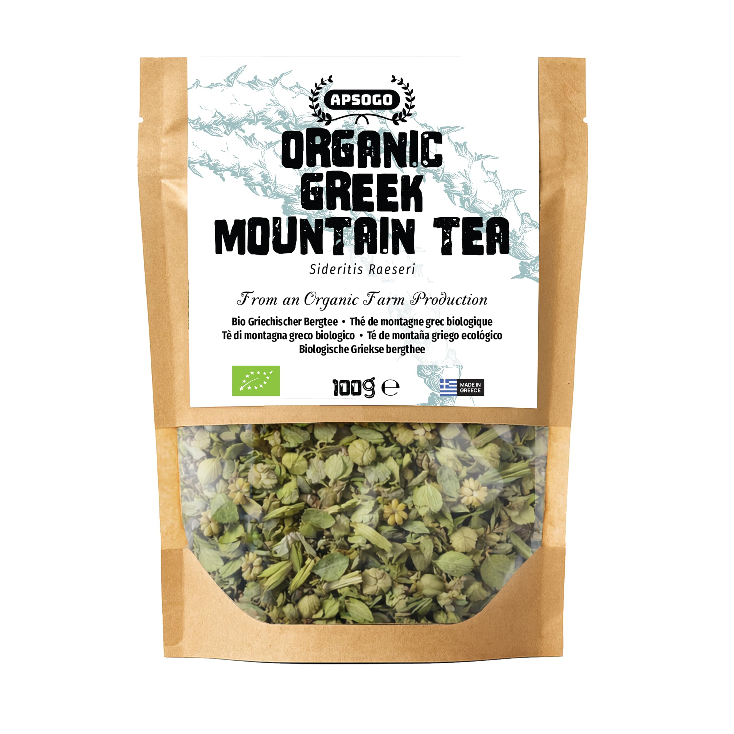APSOGO Organic Greek Mountain Tea - Premium Quality & Excellent Taste Loose Leaf Herbal Tea, Handpicked with Stems, Leaves & Flowers (100g)